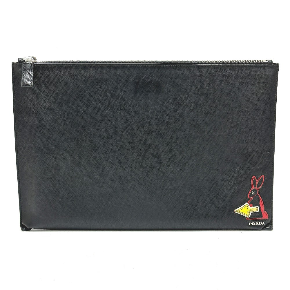 PRADA Clutch bag Safiano leather black logo rabbit mens