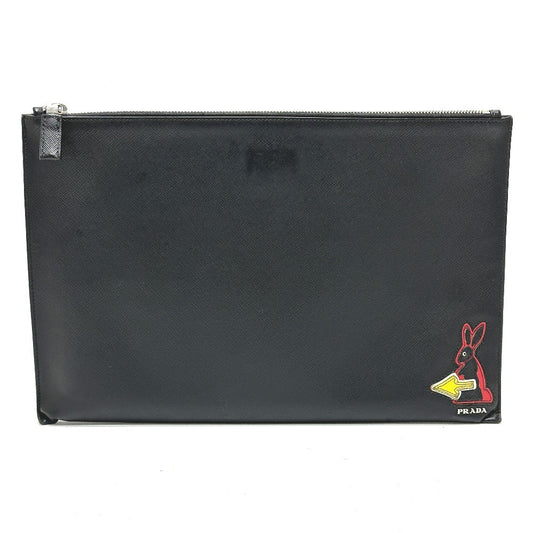 PRADA Clutch bag Safiano leather black logo rabbit mens