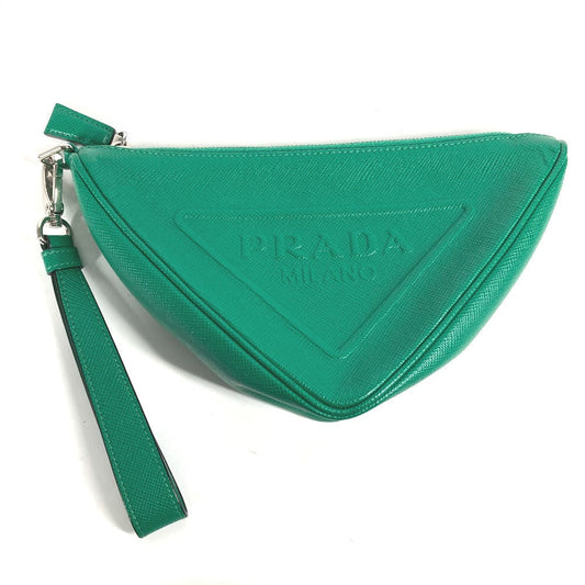 PRADA Clutch bag Safiano leather green Embossed logo Triangle logo plate mens