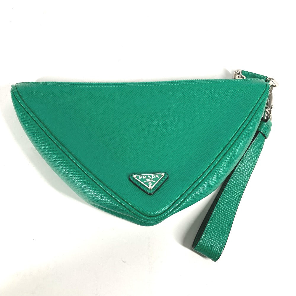 PRADA Clutch bag Safiano leather green Embossed logo Triangle logo plate mens