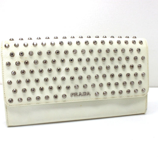 PRADA Long Wallet Purse leather white Wallet bag Studs Women