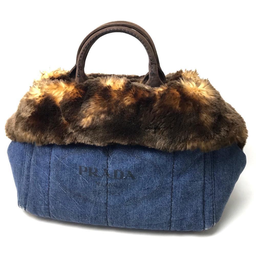 PRADA Tote Bag Denim / fake fur / suede blue Fur with bag Canapa Women