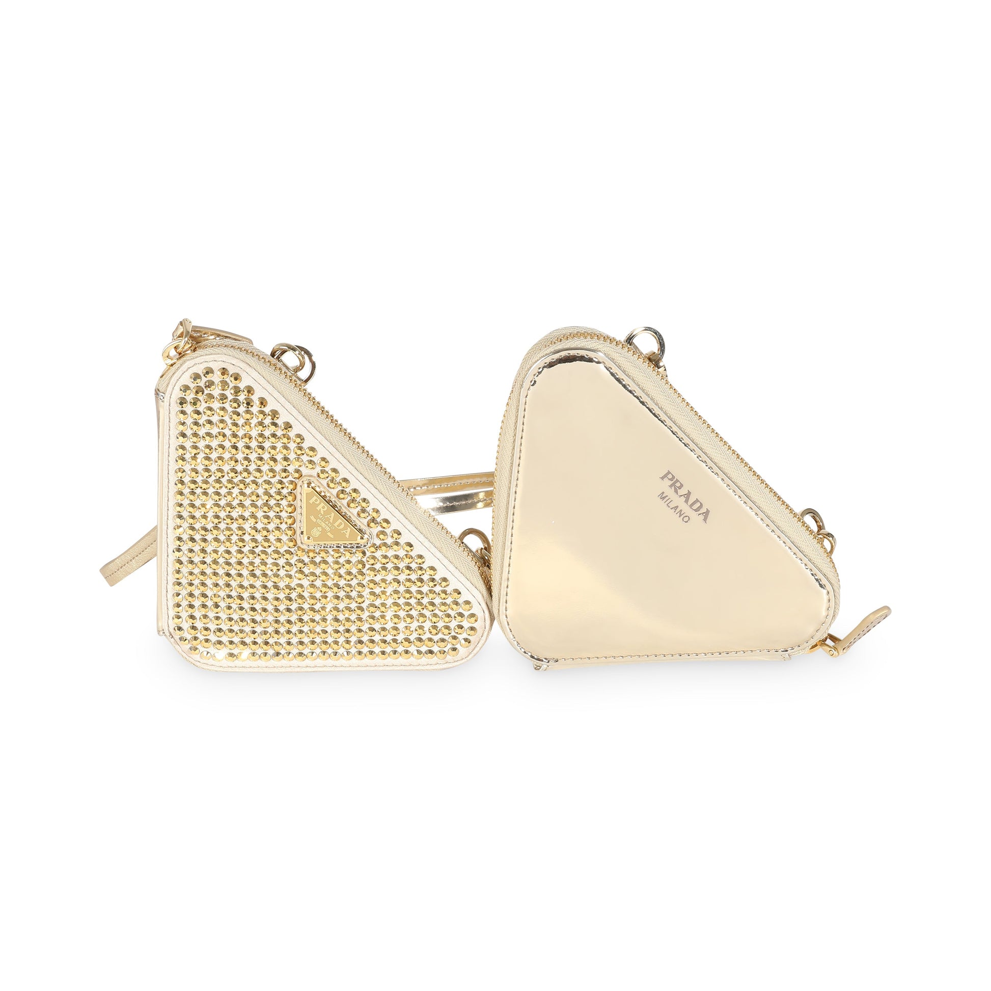 PRADA Gold Satin Crystal Embellished Mini Triangular Pouch Luxury Handbag