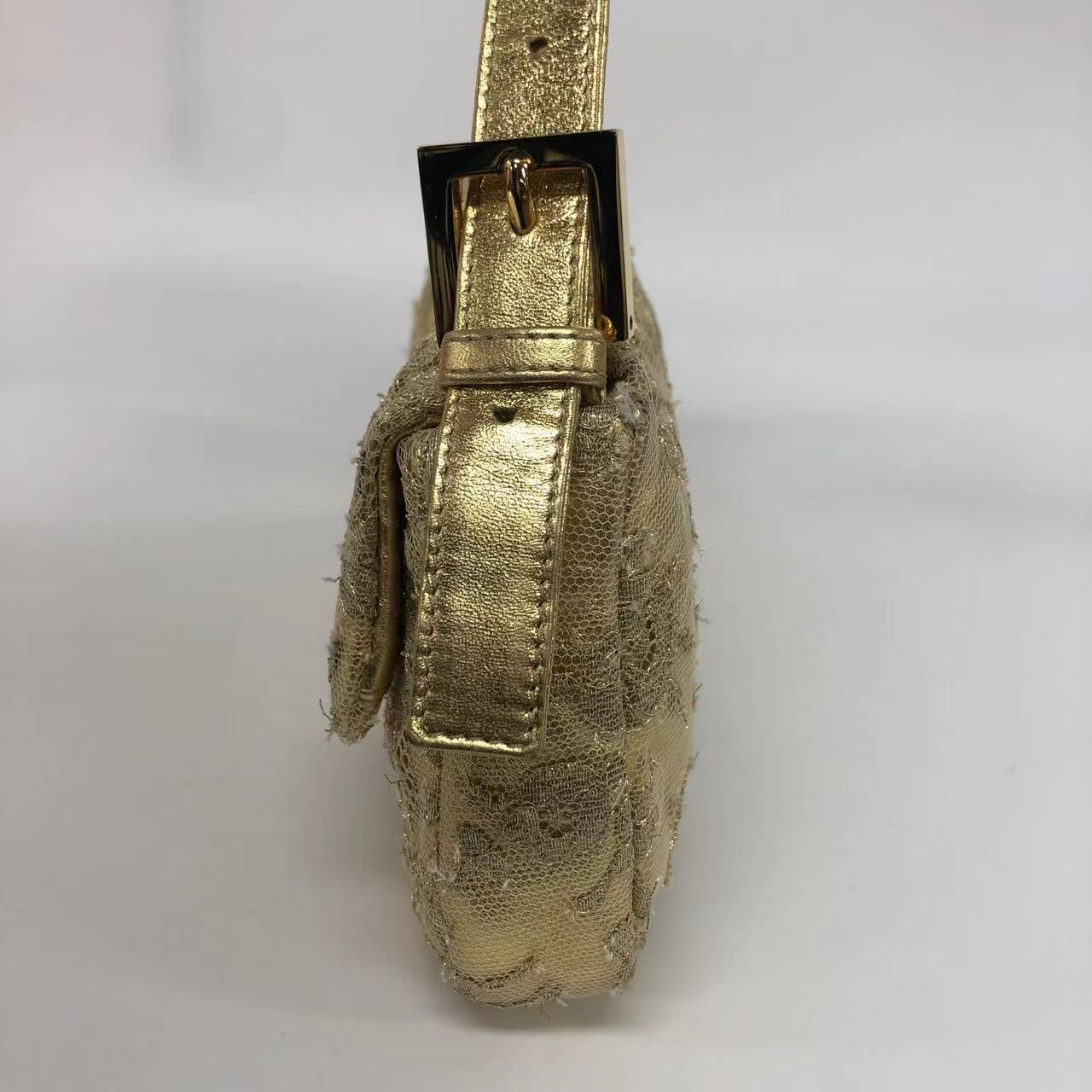 Fendi Baguette Gold Leather with Lace Embroidery