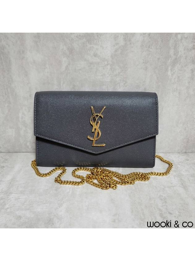Luxury Saint Laurent Trending 2026 Monogram Uptown Chain Embossed Leather Long Wallet Storm Gold