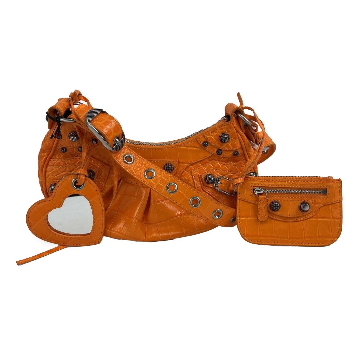 BALENCIAGA Orange Le Cagole XS Shoulder Bag Crocodile Embossed Studded Crossbody