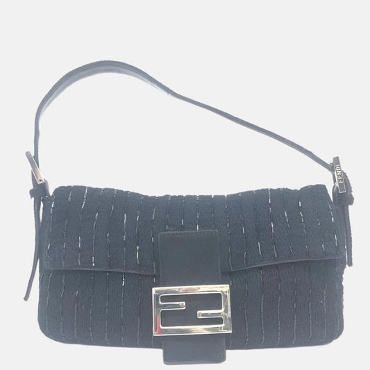 Fendi Baguette Black Glitter Beads and Cloth Knit Shoulder Bag