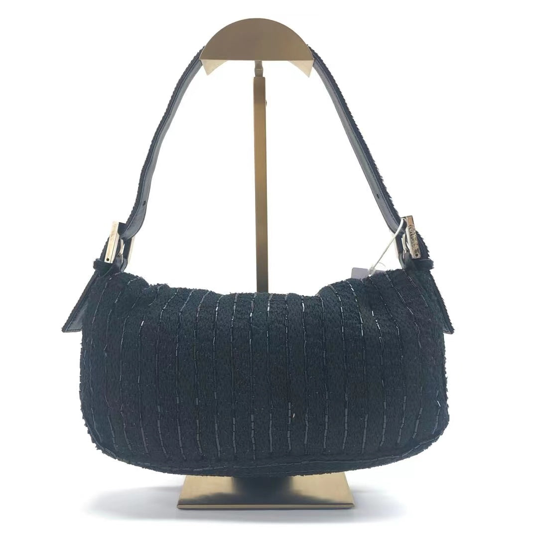 Fendi Baguette Black Glitter Beads and Cloth Knit Shoulder Bag