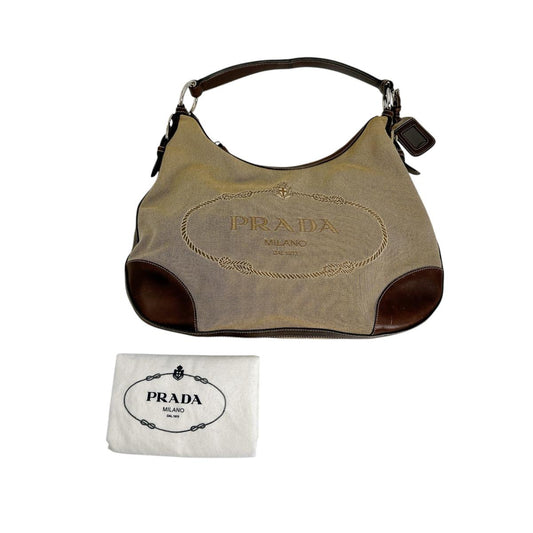 PRADA Handbag Canvas, Leather beige one belt Logo jacquard Women