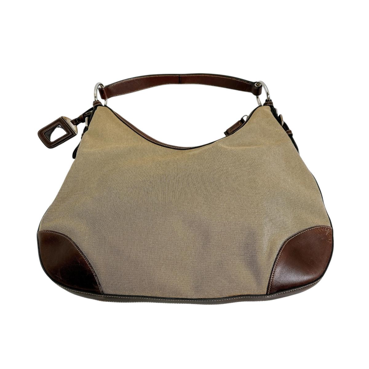 PRADA Handbag Canvas, Leather beige one belt Logo jacquard Women