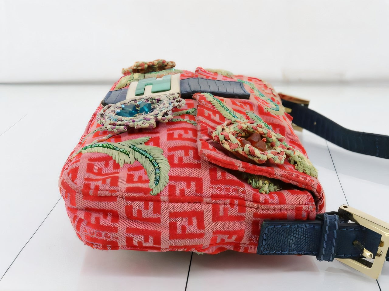 Fendi Baguette Pink Zucchino with Knit Flower Embroidery
