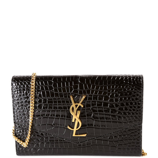 Saint Laurent Uptown Chain Wallet Croc Embossed 607788 Black Bag