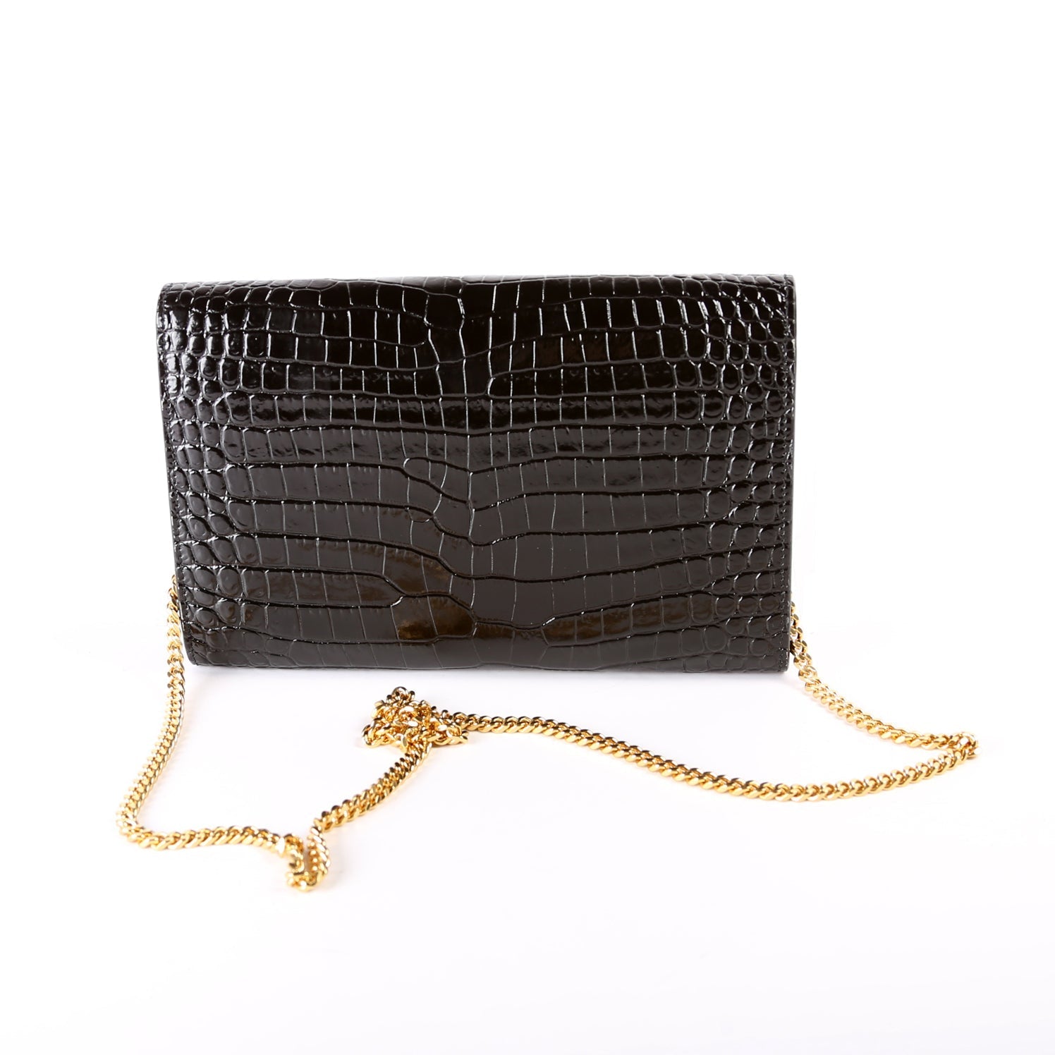 Saint Laurent Uptown Chain Wallet Croc Embossed 607788 Black Bag