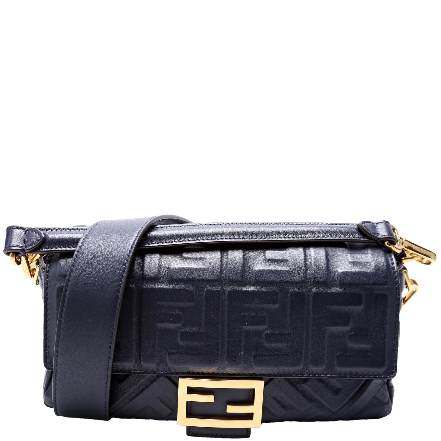 Fendi Baguette FF Embossed Nappa Navy Bag