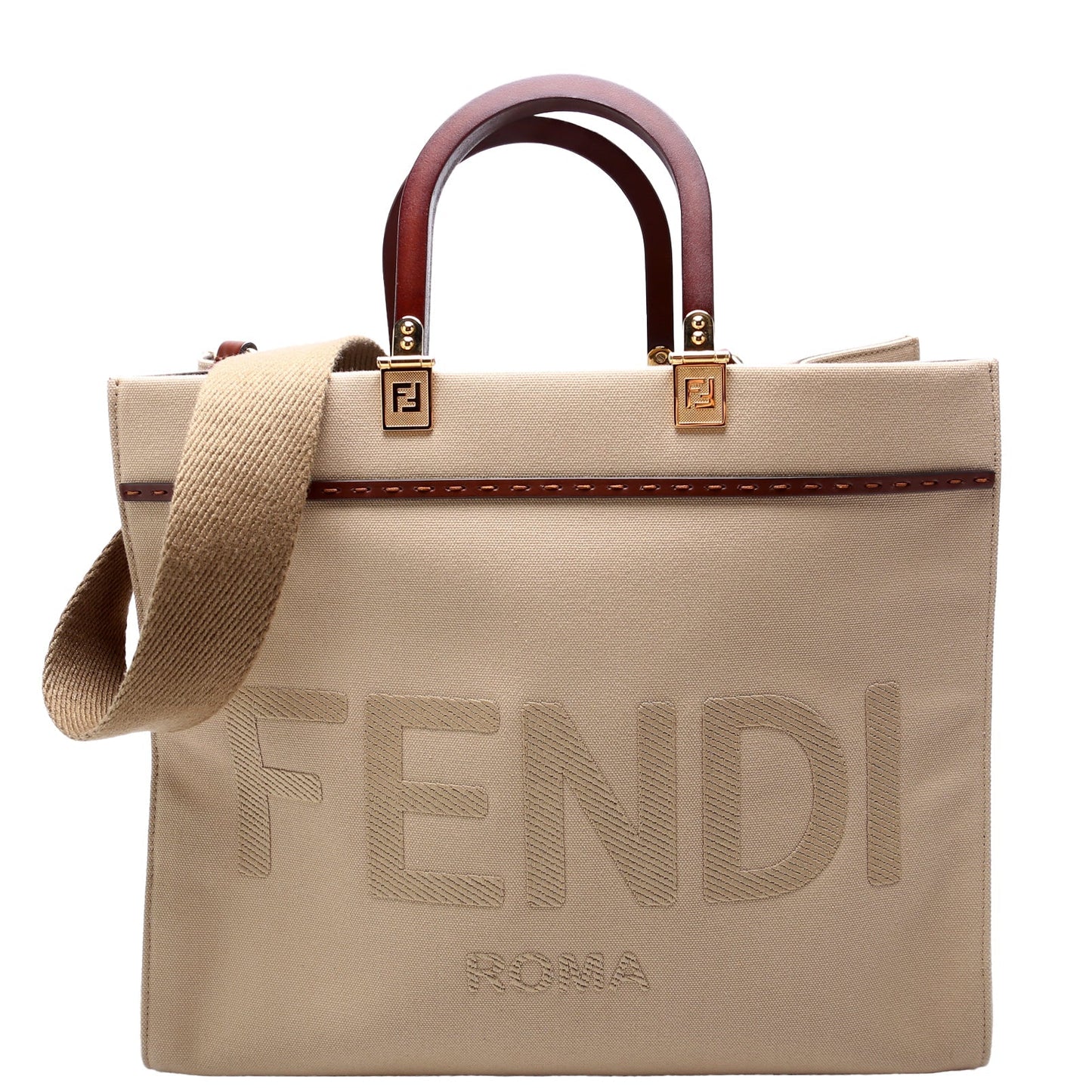 Fendi 8BH386 Sunshine Shopper Medium Canvas Tan Bag