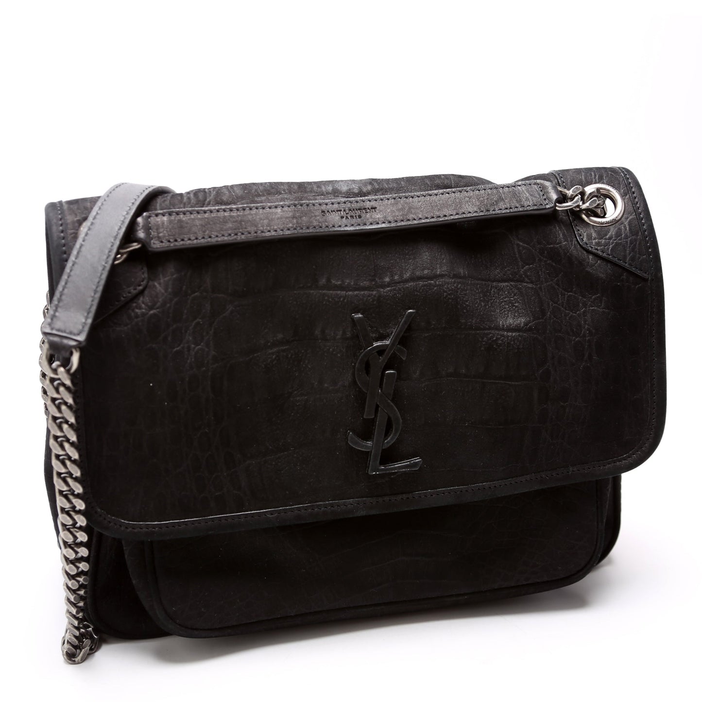 Saint Laurent Crocodile Embossed Nubuck Niki Medium Satchel Black Bag