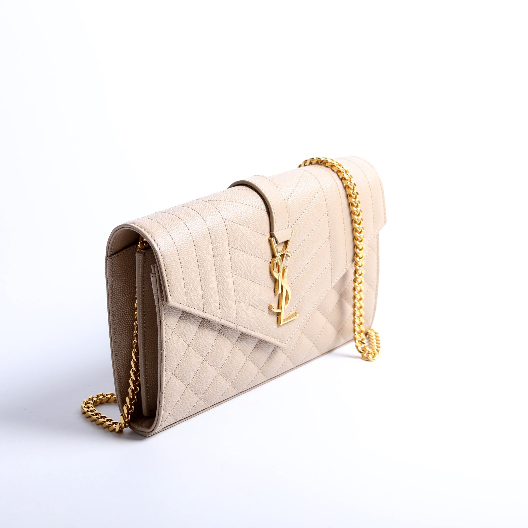 Saint Laurent Triquilt Grain De Poudre Chain Wallet 620280 Tan Bag
