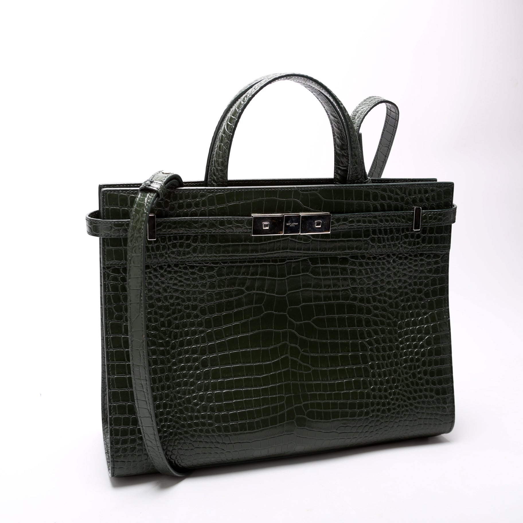 Saint Laurent Manhattan Shopper Tote Croc Embossed 568702 Green Bag