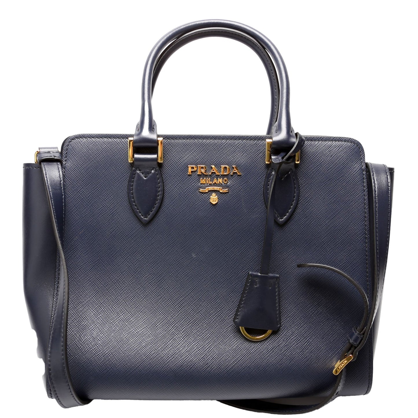 Prada Saffiano/Calfskin Top Handle Navy Bag