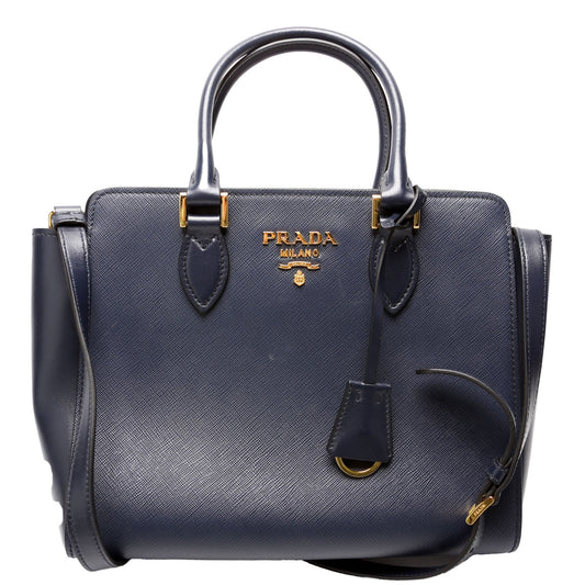 Prada Saffiano/Calfskin Top Handle Navy Bag