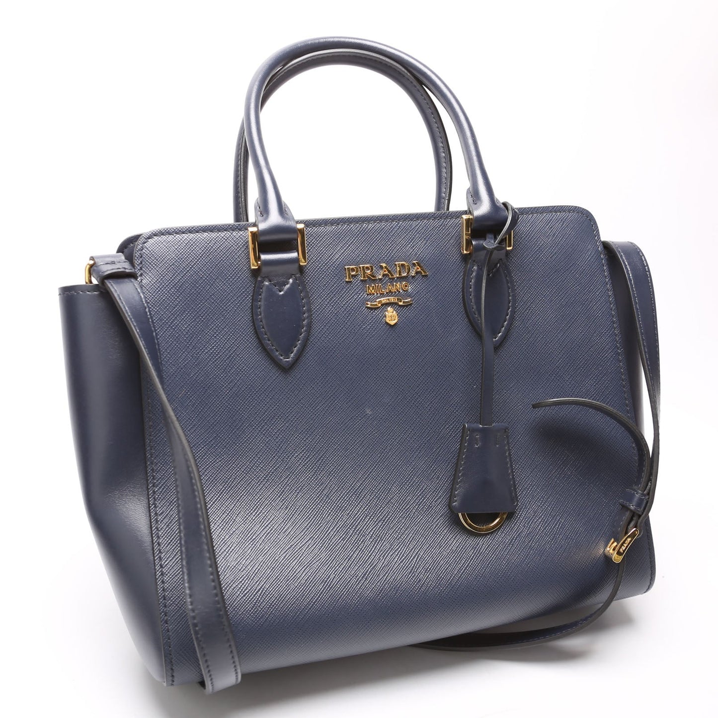 Prada Saffiano/Calfskin Top Handle Navy Bag