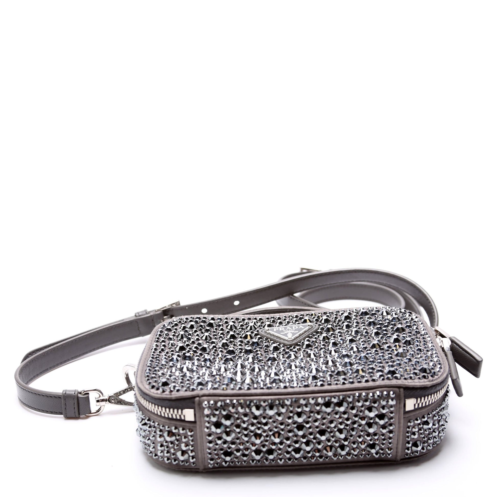 Prada Odette Satin Crystal Triangle Logo Mini Crossbody Grey Bag
