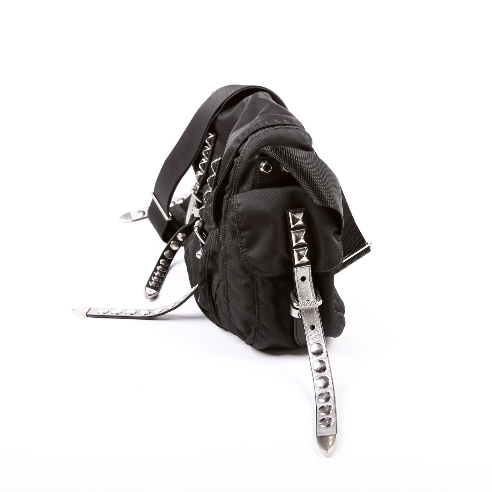Prada New Velanylon Studded Messenger Black Bag