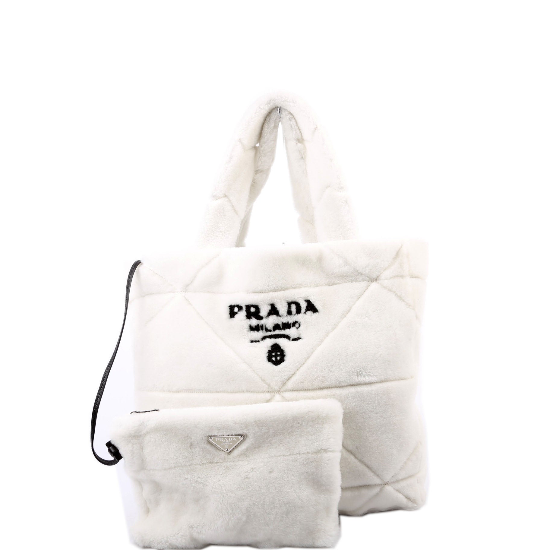 Prada Shearling Triangle Logo Tote White/Black Bag