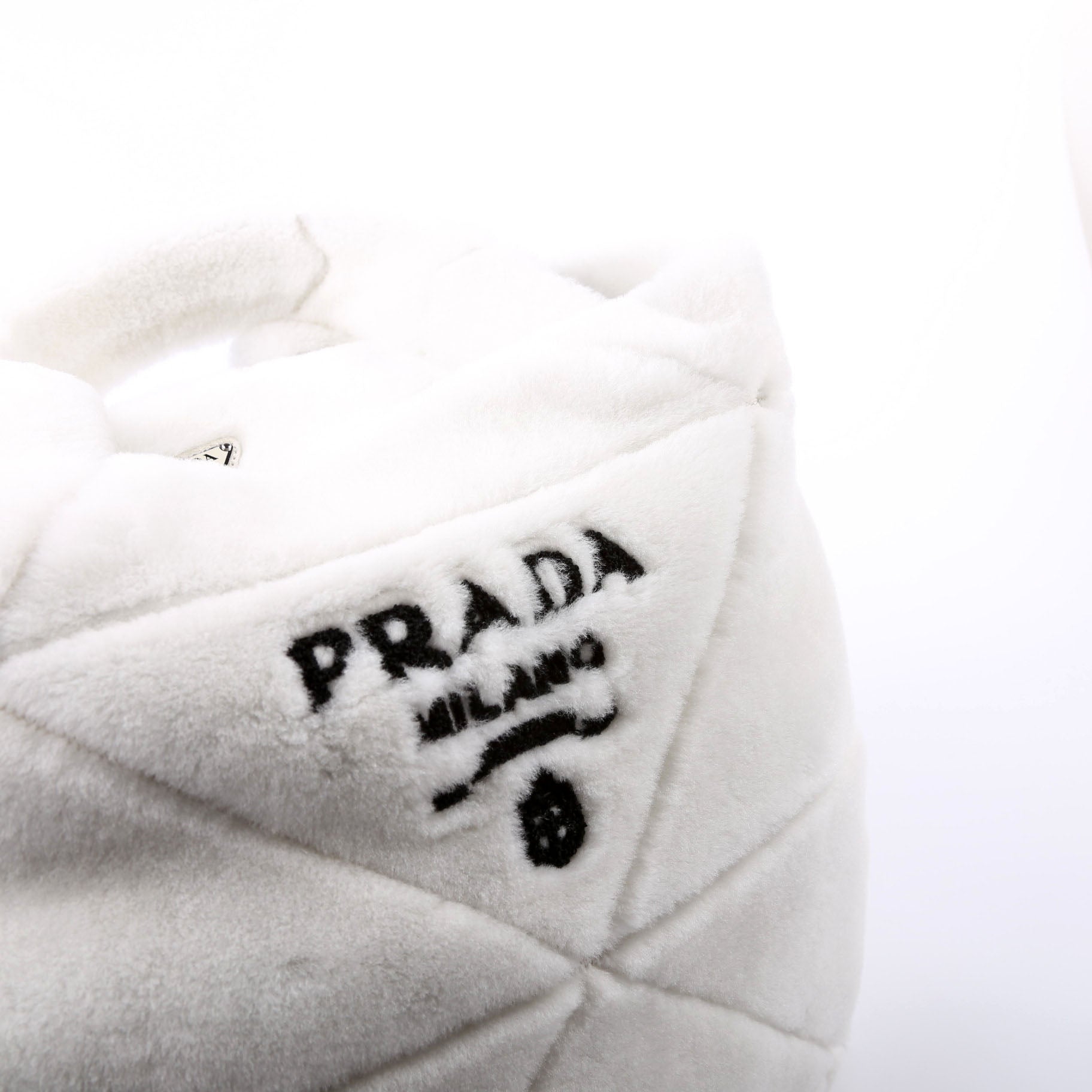 Prada Shearling Triangle Logo Tote White/Black Bag