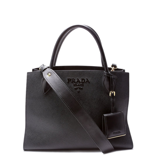 Prada Saffiano Cuir Monochrome Top Handle Tote Black Bag