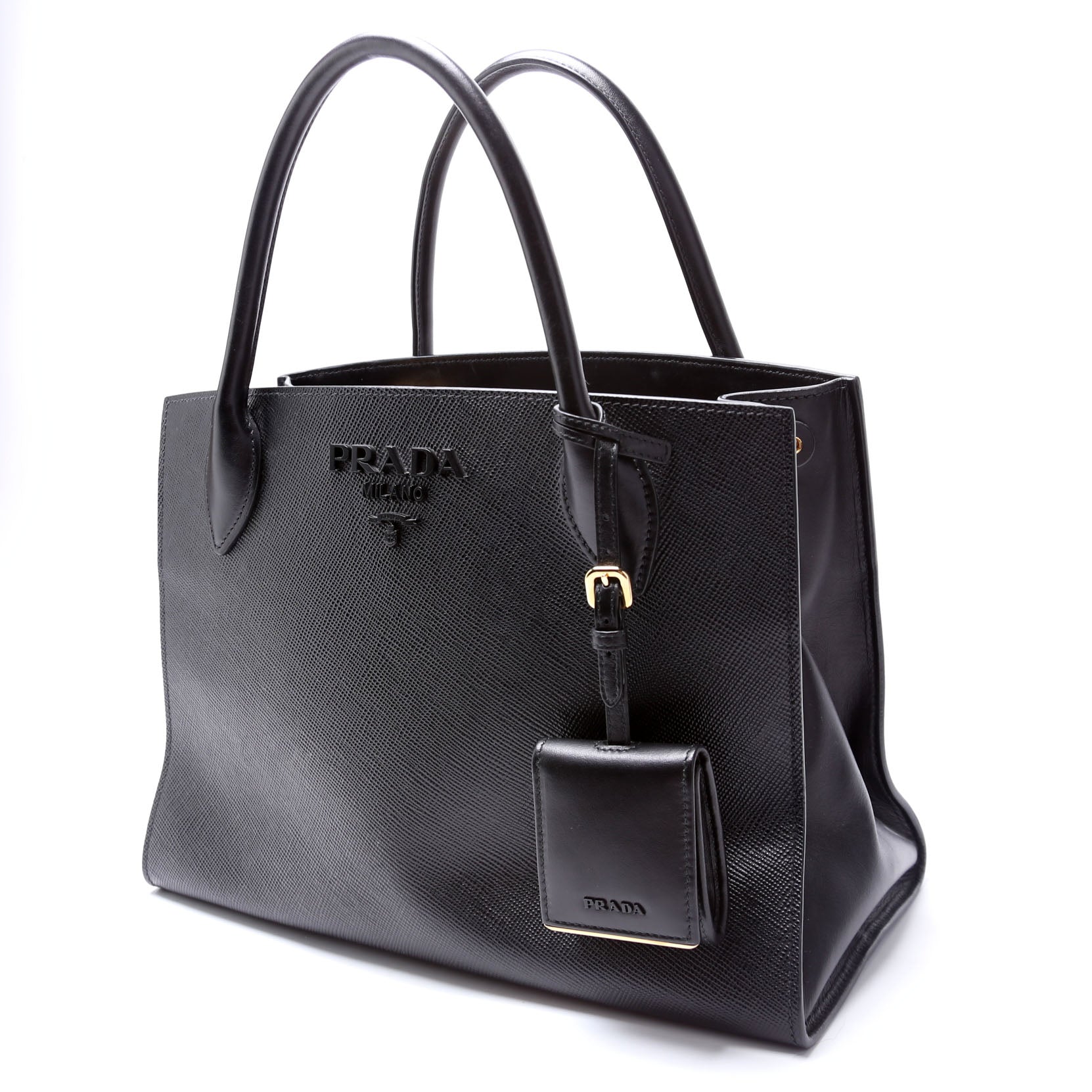 Prada Saffiano Cuir Monochrome Top Handle Tote Black Bag