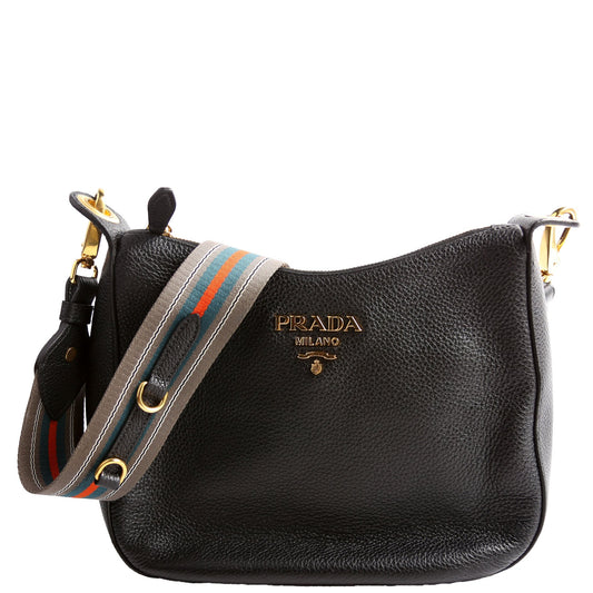 Prada Vitello Phenix Small Zip Messenger Hobo Black Bag