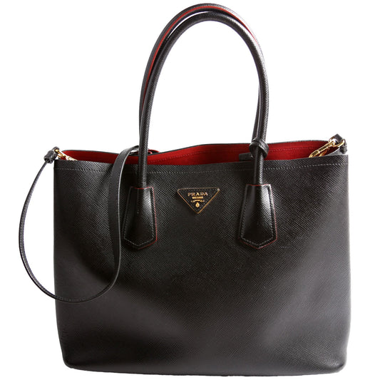 Prada Saffiano Cuir Double Tote Medium Black Bag