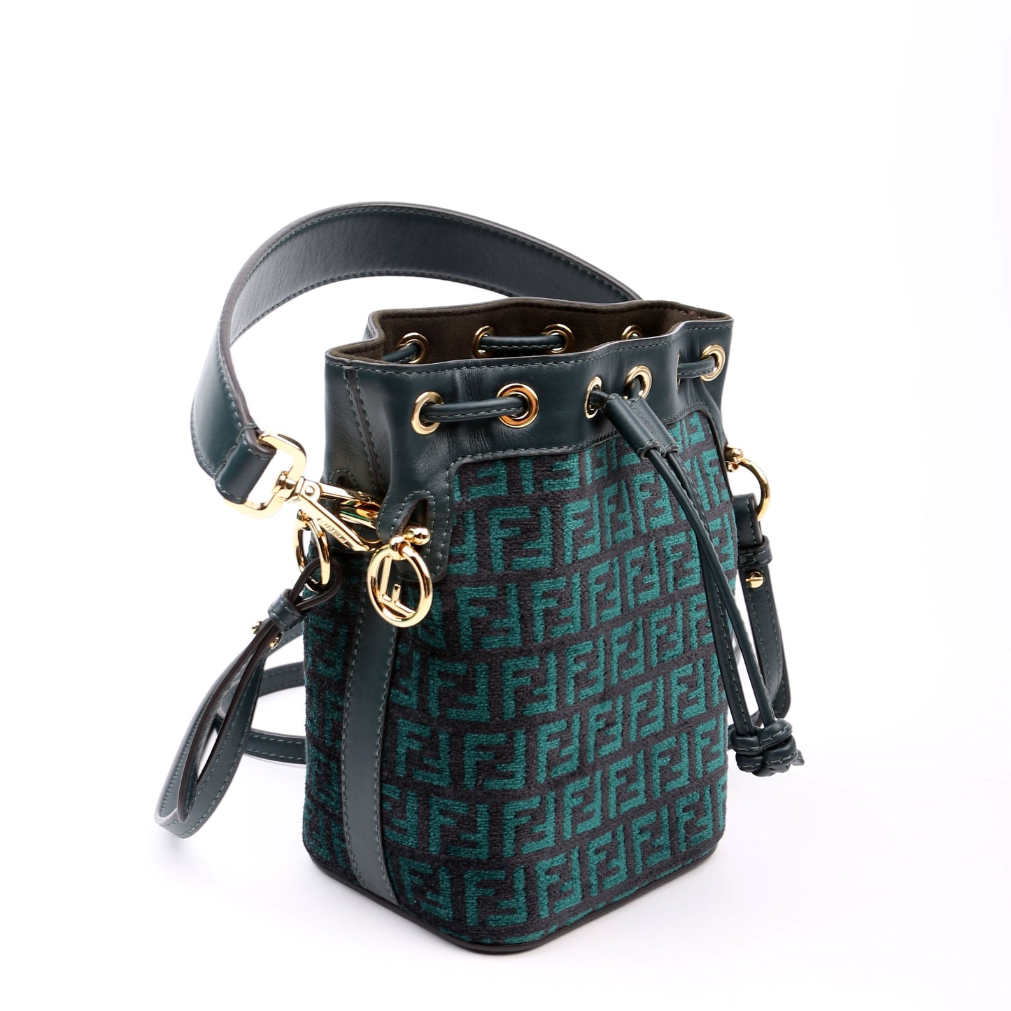 Fendi 8BS010 Mon Tresor Mini Bucket Leather Canvas FF Green Bag