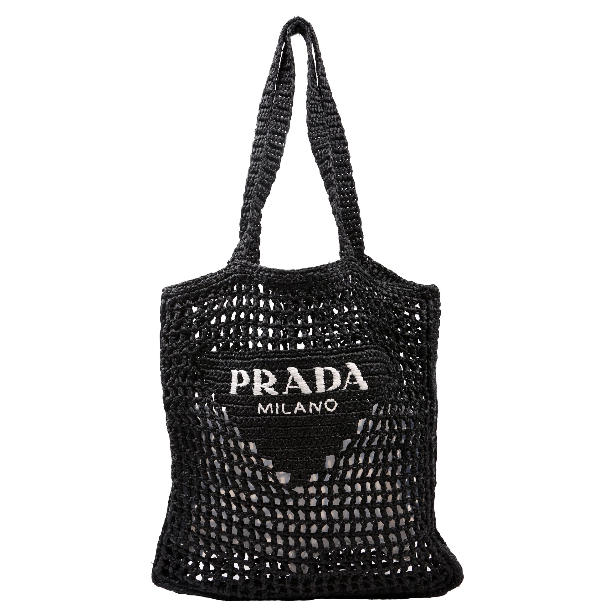 Prada Raffia Crochet Tote Black Bag