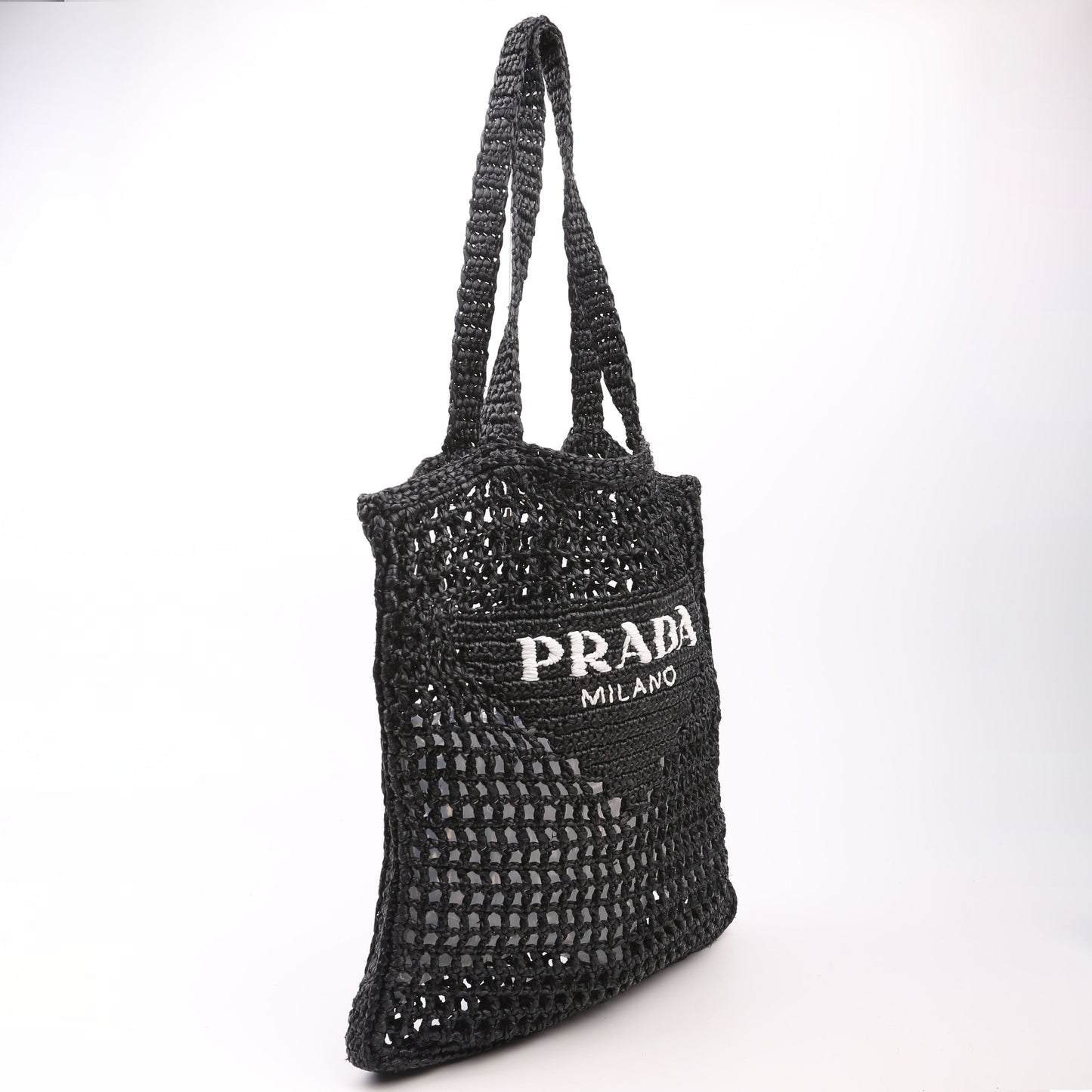 Prada Raffia Crochet Tote Black Bag