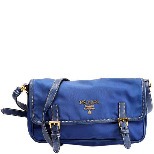 Prada Tessuto Nylon Saffiano Buckle Messenger Small Blue Bag