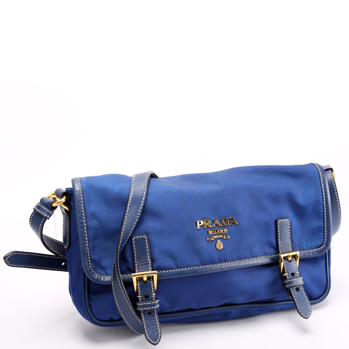 Prada Tessuto Nylon Saffiano Buckle Messenger Small Blue Bag