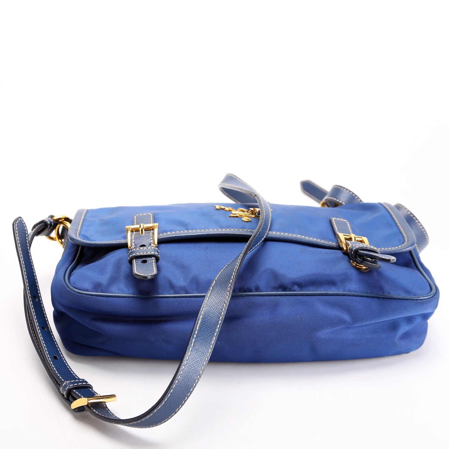 Prada Tessuto Nylon Saffiano Buckle Messenger Small Blue Bag