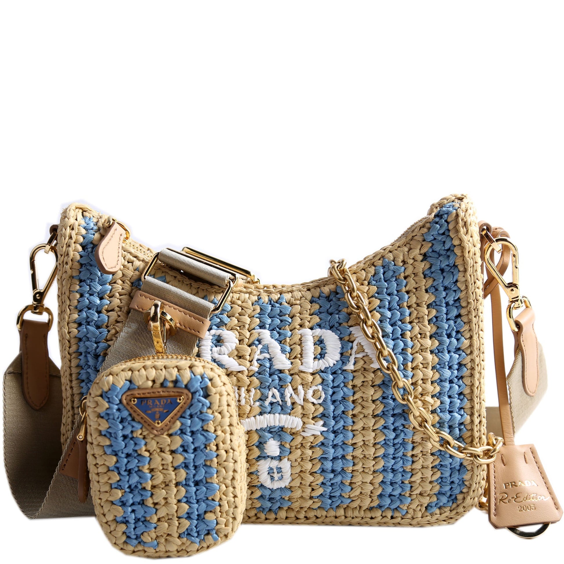 Prada Raffia Re-Edition 2005 Shoulder Beige/Blue Bag