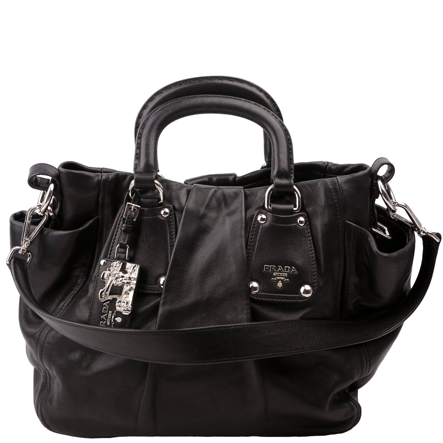 Prada Pleated Soft Calfskin Satchel Black Bag
