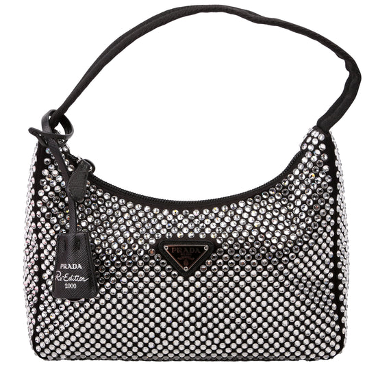 Prada Satin Crystal Re-Edition 2000 Mini Black Bag