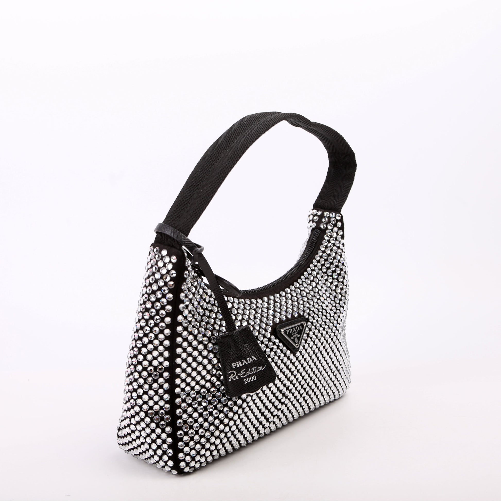 Prada Satin Crystal Re-Edition 2000 Mini Black Bag