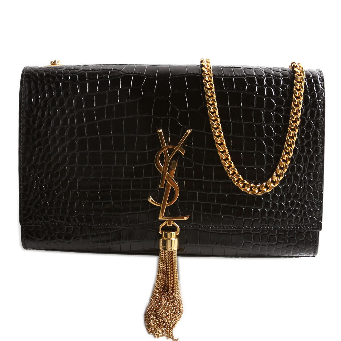 Saint Laurent Kate Tassel Satchel Medium Crocodile Embossed 354119 Black Bag