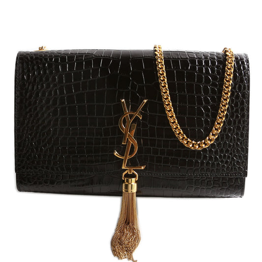 Saint Laurent Kate Tassel Satchel Medium Crocodile Embossed 354119 Black Bag