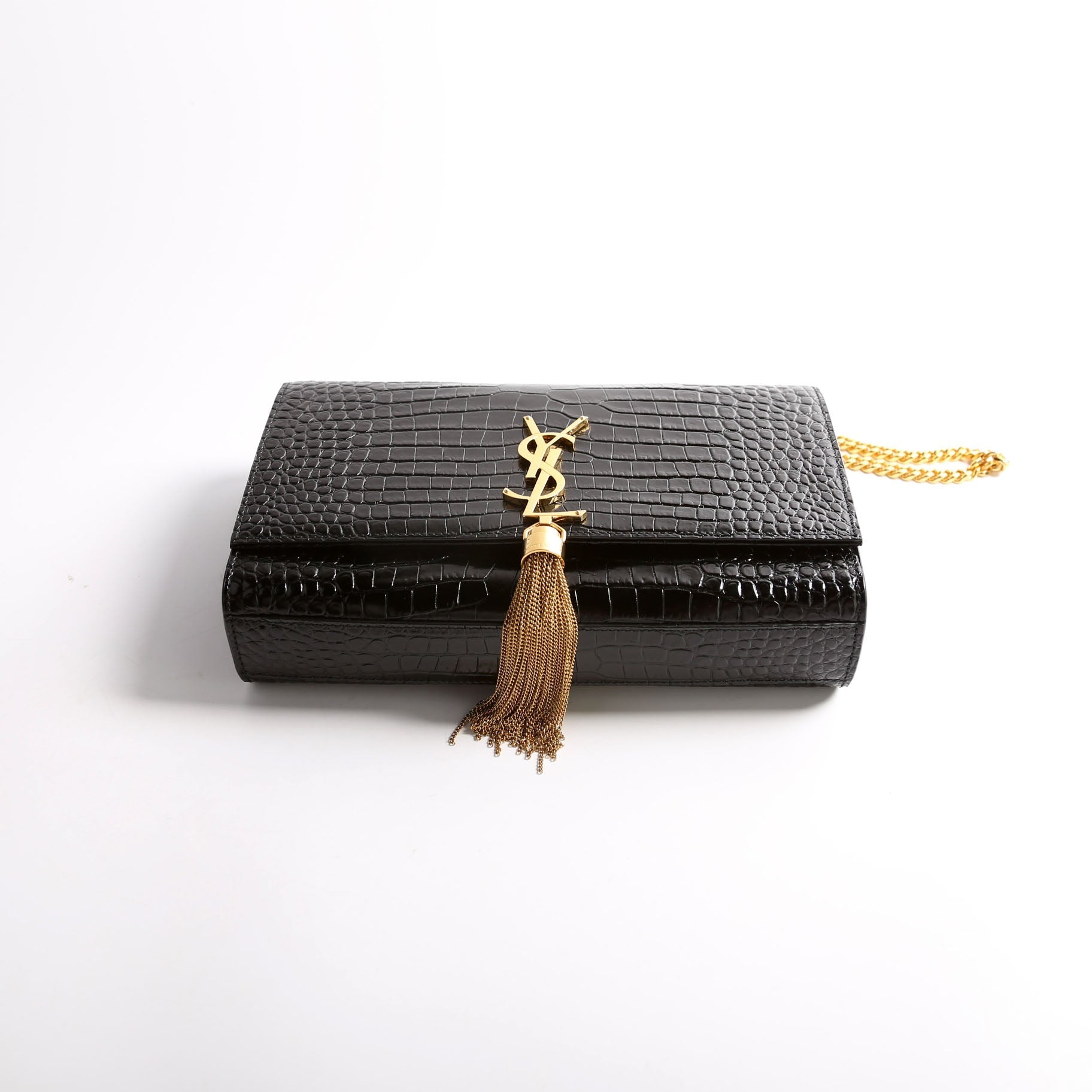 Saint Laurent Kate Tassel Satchel Medium Crocodile Embossed 354119 Black Bag