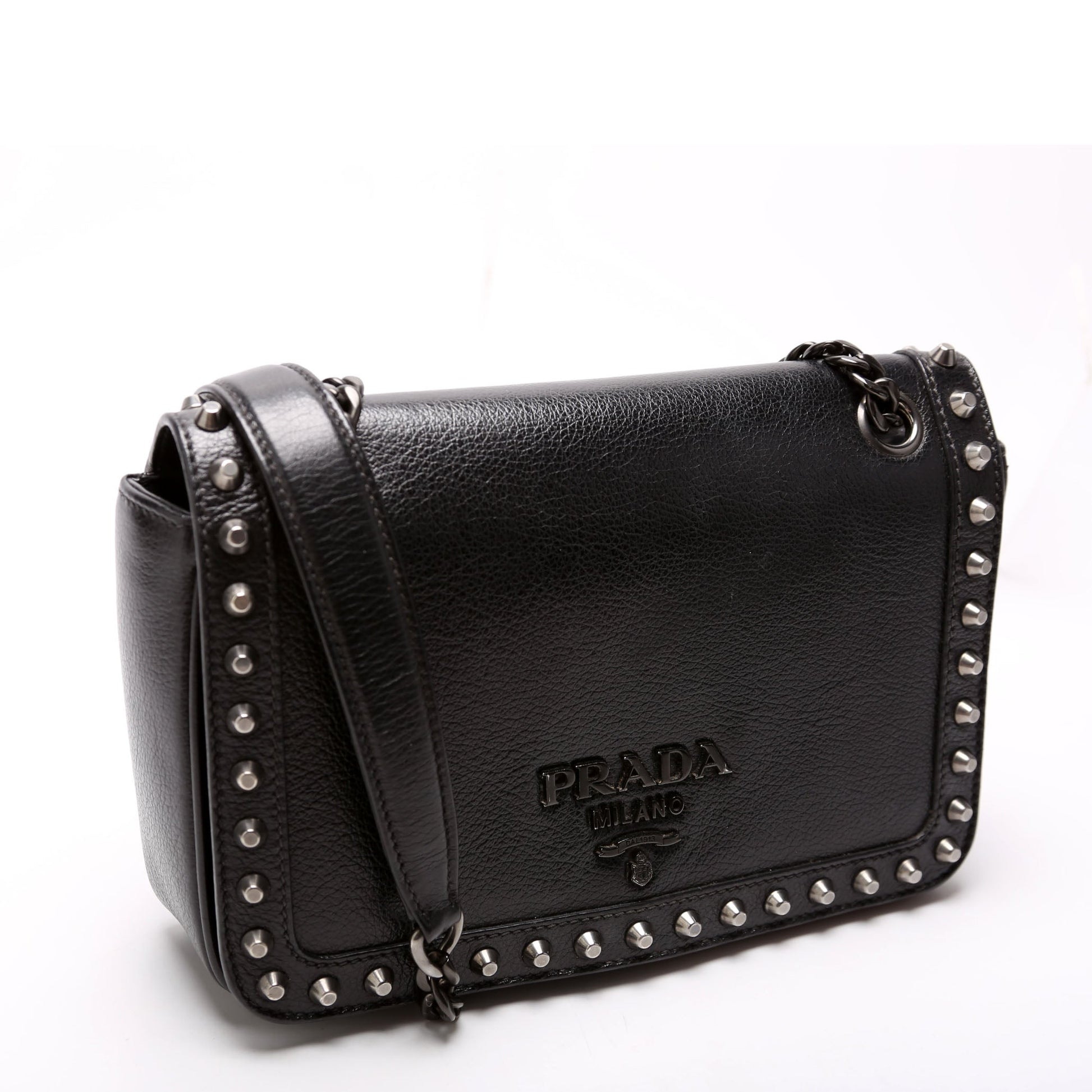 Prada Glace Calfskin Studded Crossbody Black Bag