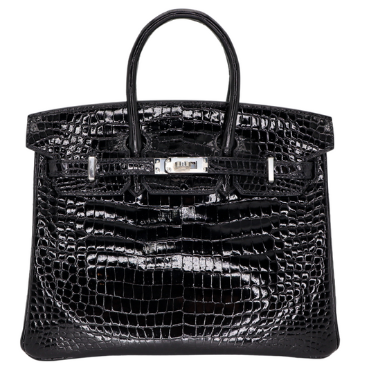 Hermes25cm Birkin Black Shiny Porosus Crocodile Palladium Hardware