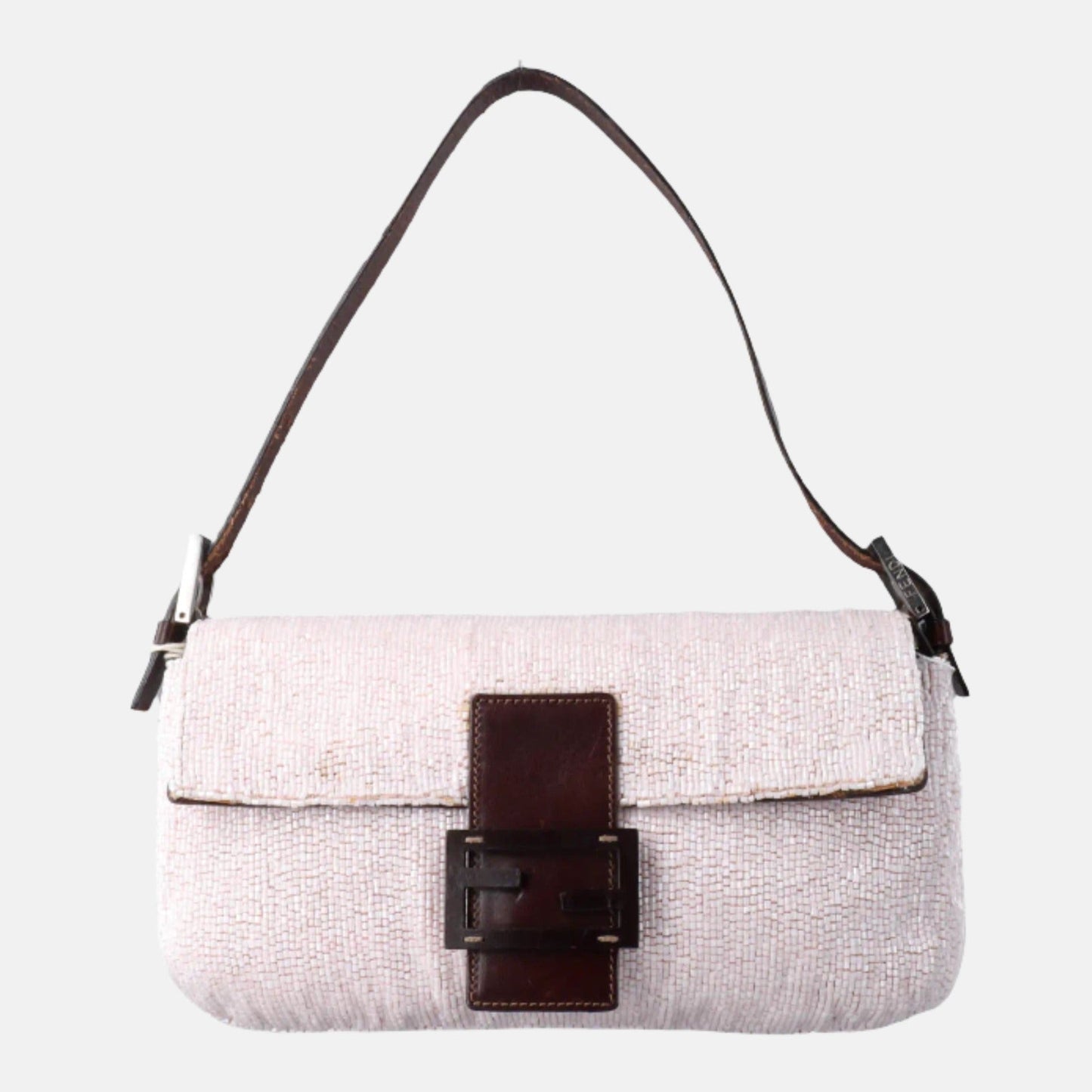 Fendi Baguette   White Glitter Beads Brown Leather