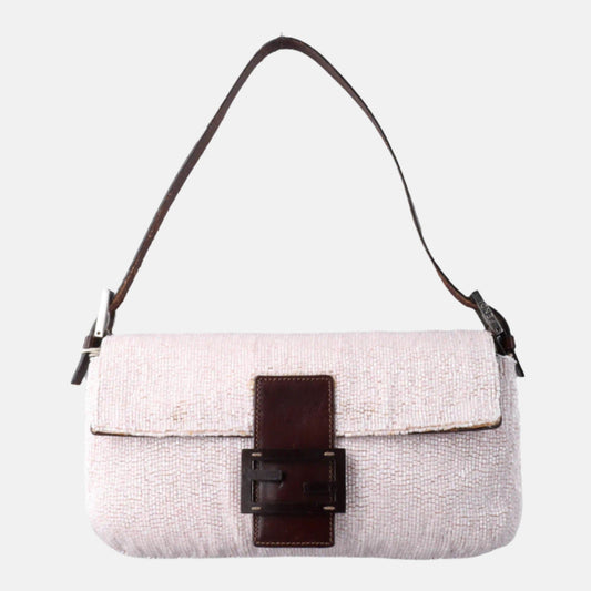 Fendi Baguette   White Glitter Beads Brown Leather